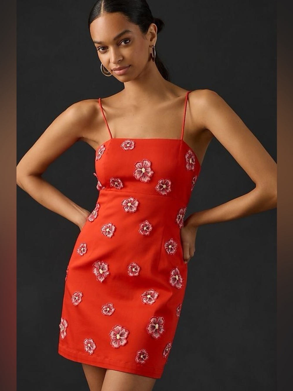 Maeve Anthropologie Floral Appliqué Mini Dress Red Strappy Embroidered Sz 6 NWT